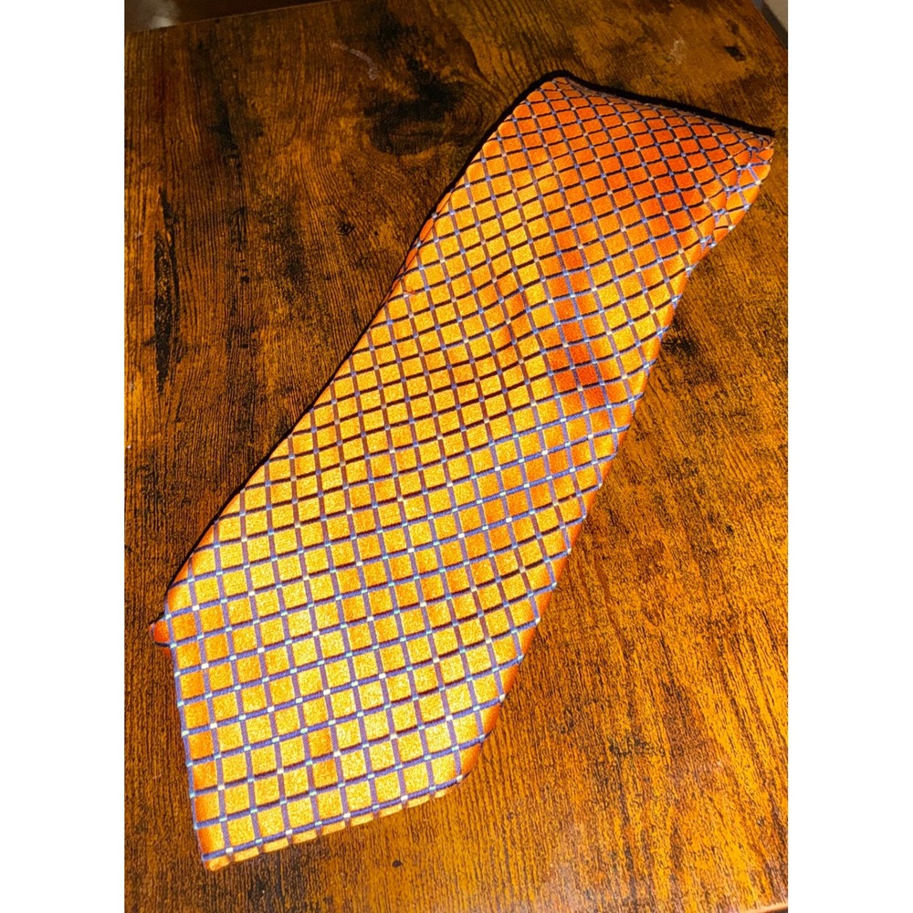 IZOD Mens Silk Necktie Orange Blue White Geometric Grid Pattern Classic Tie